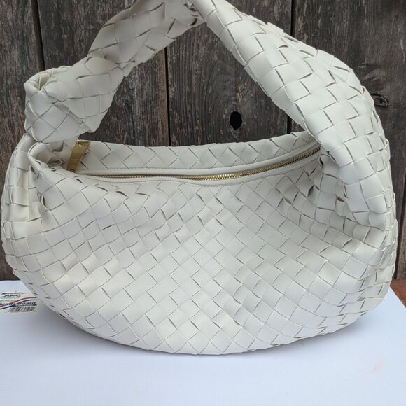White Leather Shoulder Hand Bag – Chic Bottega Style, Woven Knot Handle NW - Picture 3 of 10